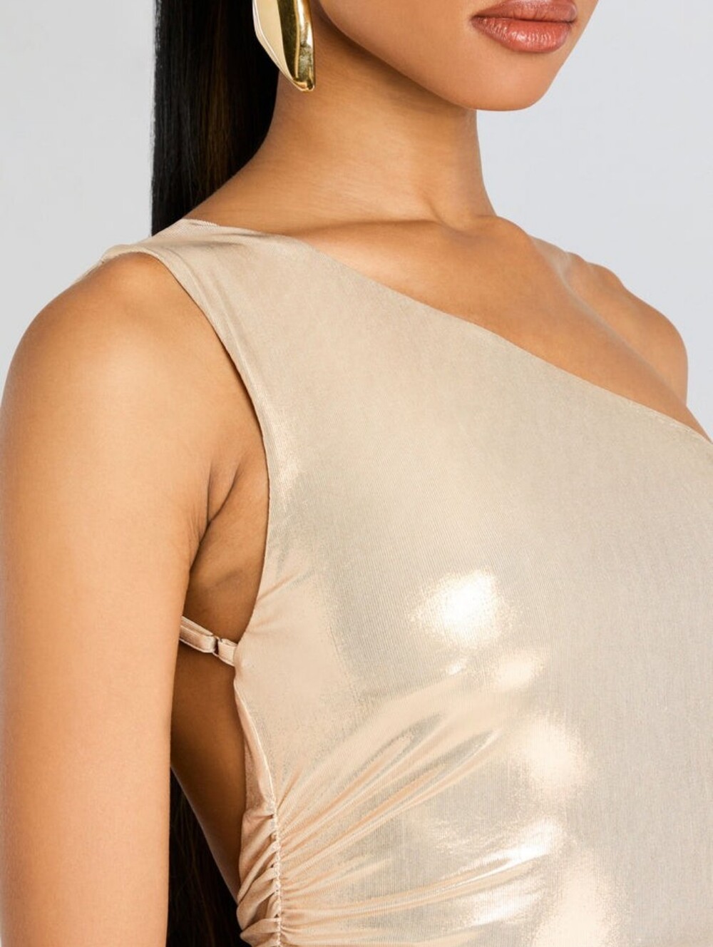 Retrofete Shannon One Shoulder Draped Lame Maxi Dress Latte Large - Picture 2 of 10